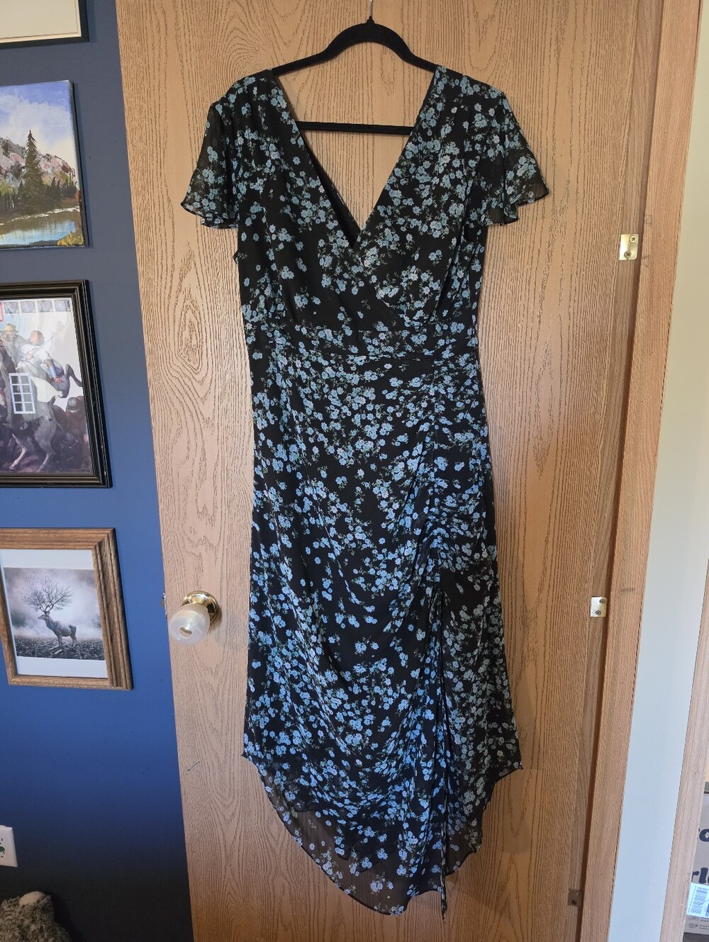 INC Midi Dress Side Slit - 90s Vibe - Black With Small Blue Flowers - Size 10